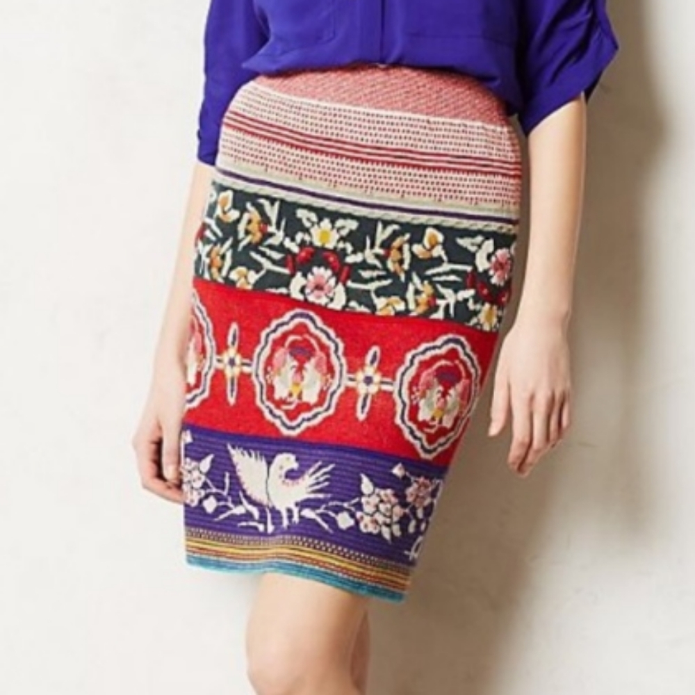 Anthropologie Folk Dove Floral Sweater Knit Pencil Skirt Size XS